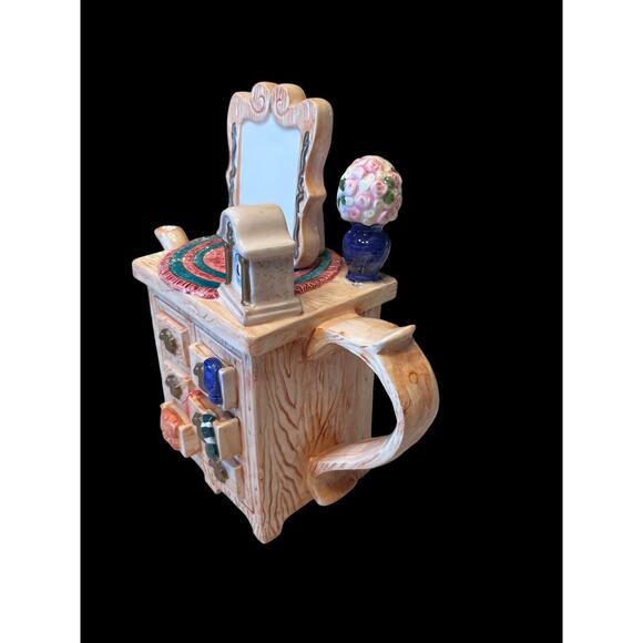 Seymour Mann Teapot Dresser w/Mirror Clock Flowers Socks Tan Brown Blue Vtg EUC - Picture 7 of 8